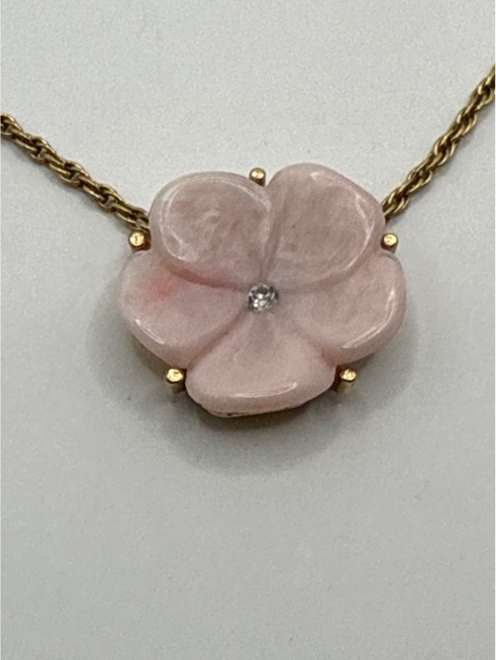 Vintage Avon Lotus Blossom Pink Flower Pendant Necklace Rhinestone Gold Tone